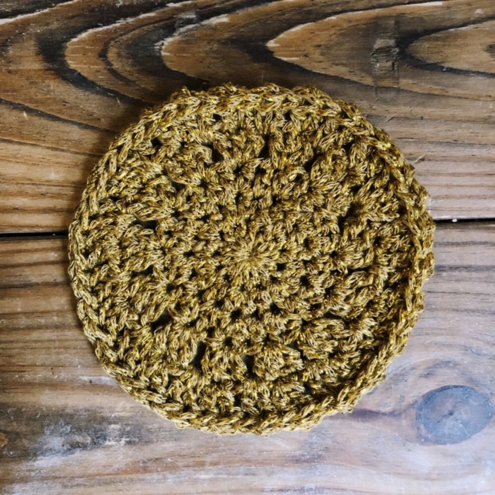 2/$12 Sparkly Gold Round Crocheted Drink Coaster!